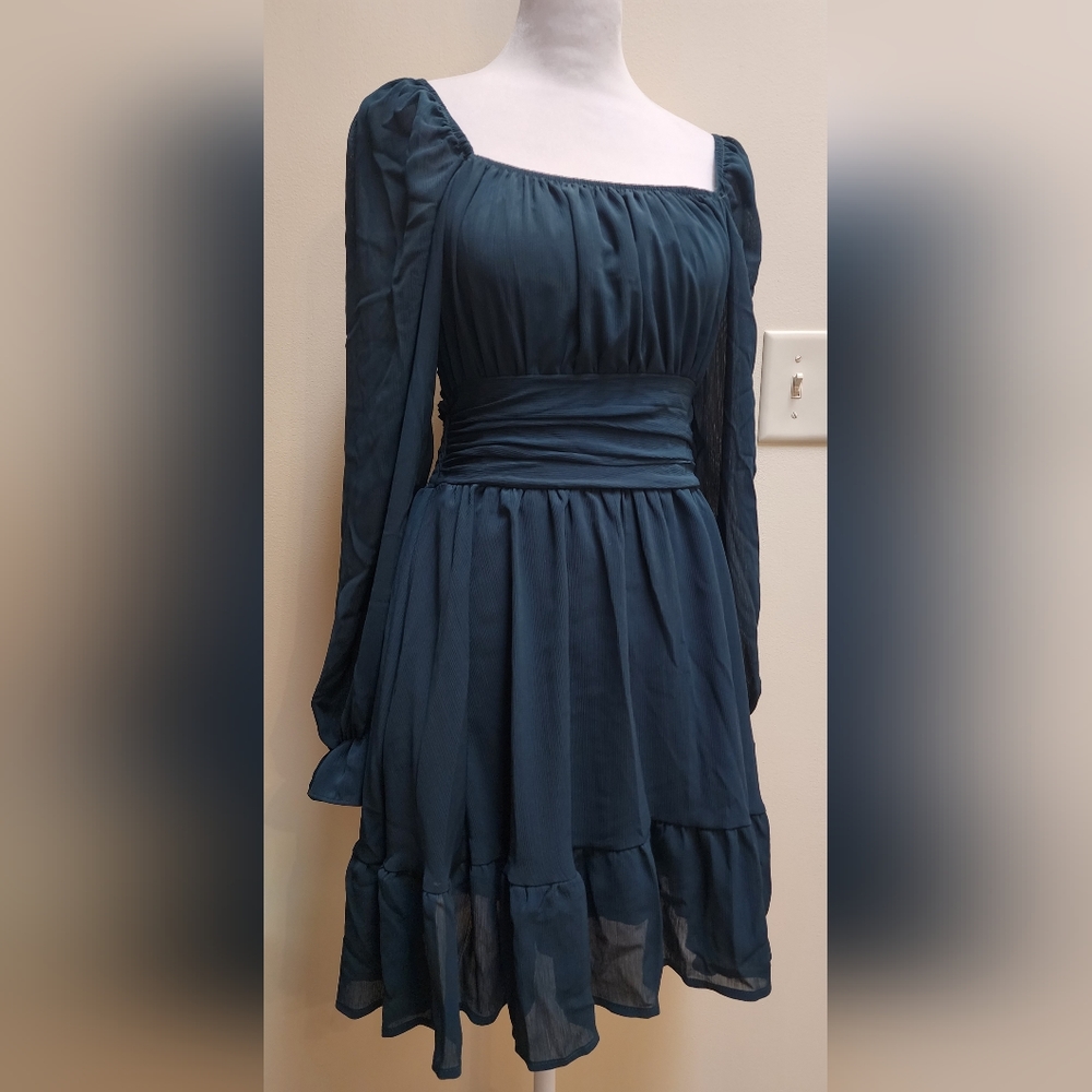 NWT Women's Peacock Blue Boho Ruffle Dress Long Lantern Sleeves Size S - Picture 13 of 15